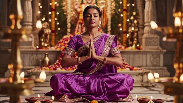 Woman in a purple sari meditating with hands clasped in prayer before an altar adorned with flowers and diyas, representing spirituality and devotion