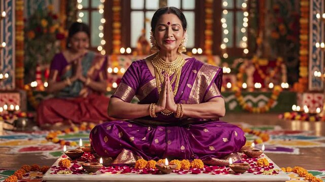 Elderly woman meditating in lotus position, hands in prayer, adorned in traditional purple sari and gold jewelry, surrounded by diyas and floral rangoli during a festive celebration
