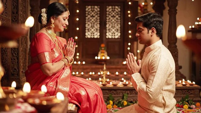 Indian couple in traditional attire praying with hands folded amidst diyas during a festival celebration, warm glow, cultural tradition, family bonding