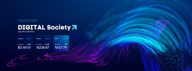Plakat Background ai data and abstract wave digital with network intelligence tech. Blue sustainable 3d and concept voice ripple with bg neon flow. Line technology future and pattern artificial crypto.