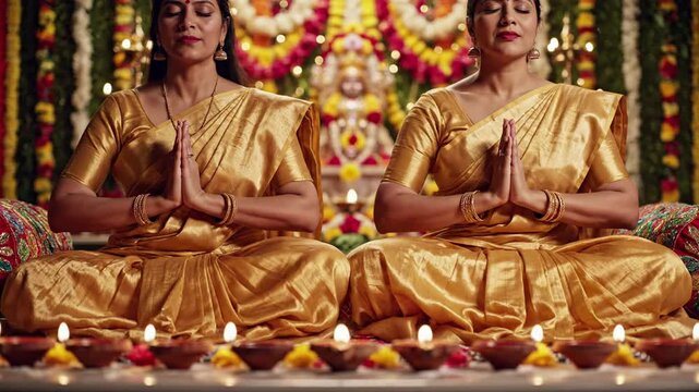 Two women in golden saris meditating with hands pressed together, surrounded by diyas and floral decorations, representing peace and spirituality, traditional Indian culture
