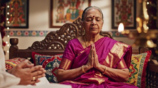 Elderly Indian woman in a magenta silk sari praying with eyes closed, hands clasped in traditional namaste gesture, serene spiritual atmosphere, decorated room with religious artwork and diya lamp