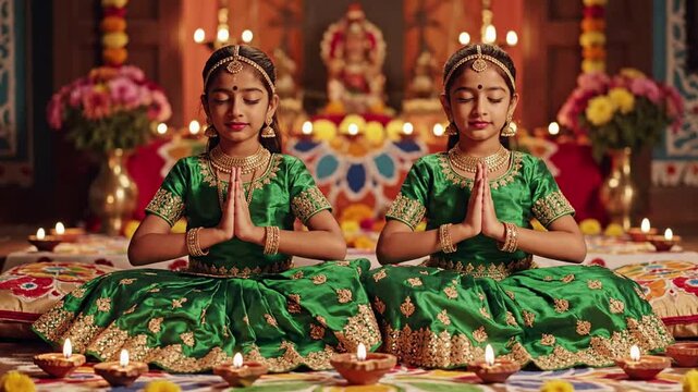 Two young girls in traditional green Indian attire meditating with hands in prayer pose, surrounded by diyas and festive decorations, conveying peace and spirituality