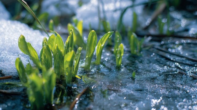 Spring snow ice thaw, end of Winter Season, hope, fresh start. A closeup of green grass growing in a stream with water droplets glistening on its surface. The background is slightly blurred.
