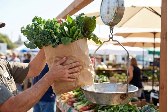 Farmers market vendor weighing a brown paper bag full of fresh leafy greens on a vintage scale