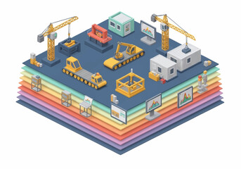 Fototapeta premium Isometric construction site with cranes, excavators, and modular buildings on layered platforms representing development stages.