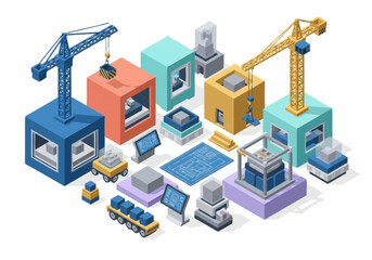 Fototapeta premium Isometric illustration of construction and building process with cranes, blocks, and machinery.