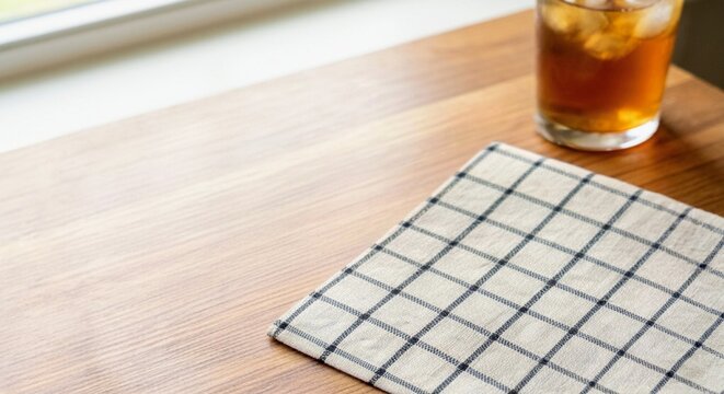 Iced tea on a wooden table with a checkered napkin
Ch&aacute; gelado sobre uma mesa de madeira com um guardanapo xadrez.