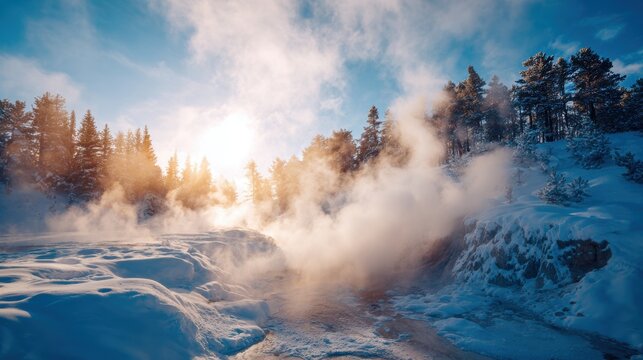 Geothermal hot springs resort, spa, bath pool, relaxation vacation theme. A wintery scene in Yellowstone National Park, Wyoming, USA, with snowcovered ground, trees, and steam rising from a geyser.