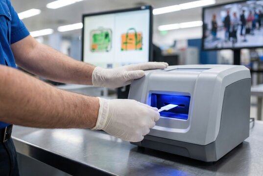 Airport security officer hands using an explosive trace detection swab in a machine