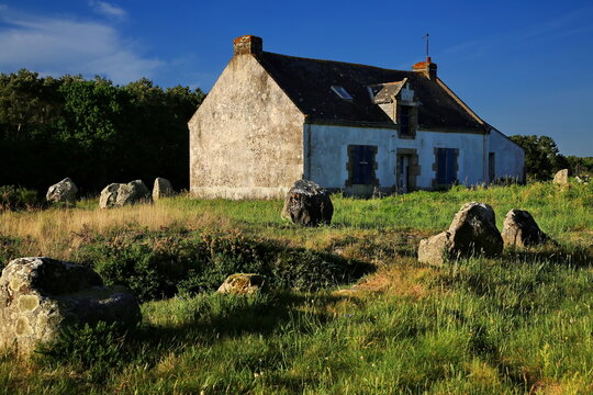 Antike Menhire erstrecken sich in langen Reihen &uuml;ber eine gr&uuml;ne Wiese vor einem einsamen Steinhaus unter strahlend blauem Himmel im warmen Abendlicht der Bretagne.