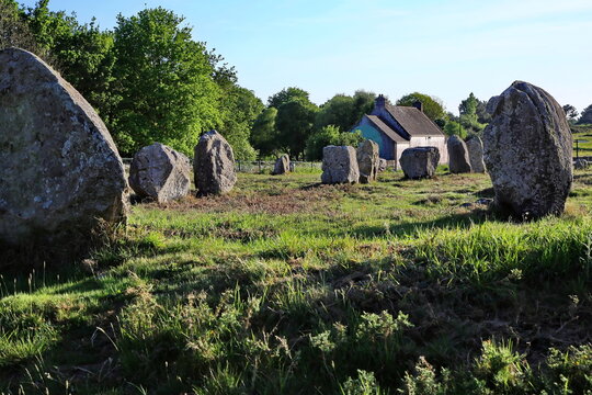 Antike Menhire erstrecken sich in langen Reihen &uuml;ber eine gr&uuml;ne Wiese vor einem einsamen Steinhaus unter strahlend blauem Himmel im warmen Abendlicht der Bretagne.