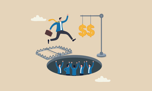 Financial money,pink together investment, ponzi scheme or business pitfall concept, businessman investor running and jumping into lore money pitfall or mouse trap with big money dollar sign