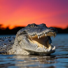 Obraz premium Crocodile Opens Mouth Under Colorful Sunset Sky at a River in a Natural Habitat