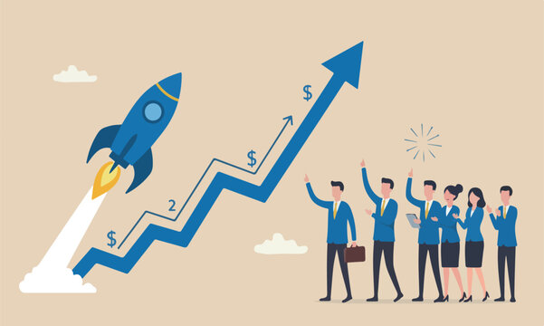 Exponential,meeting graph, business sales or profit increase concept, financial report graph with exponential arrow from flying rocket.