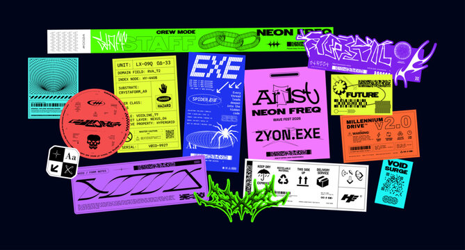 Tech emblems, sci-fi labels y2k typography stickers. Futuristic stickers and label elements in cyberpunk Y2K style. Colorful tech tags with lettering for streetwear, posters. Vector graphic set