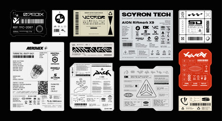 Retrofuturistic Industrial Tech Label and Sticker Set. Futuristic graphic set - industrial labels, fake logo, prints for clothes, emblems, tags, checks, decal. Industrial packaging tags. Vector set