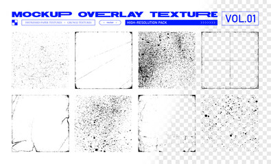 Fototapeta na wymiar Grunge Paper Overlay Texture Pack Mockup for cd, vinyl, album cover. High-resolution overlay textures with torn, creased, worn, grain, splashes, spray, scratches effects. Old paper, Vector stamps set