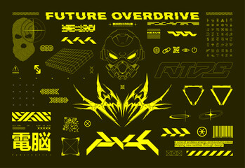Cyberpunk Sci-fi elements Pack with HUD, digital lettering, tribal, helmet art, techwear prints. Vector graphic HUD and Sci-fi design pack. Cyberpunk graphic pack. Vector collection