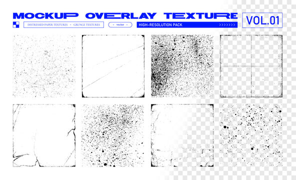 Grunge Paper Overlay Texture Pack Mockup for cd, vinyl, album cover. High-resolution overlay textures with torn, creased, worn, grain, splashes, spray, scratches effects. Old paper, Vector stamps set