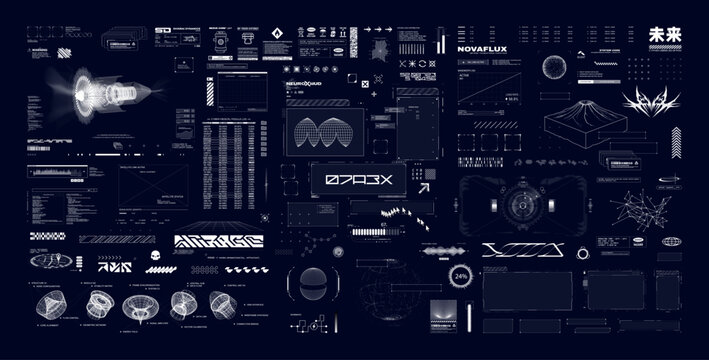 Sci-fi hud collection with 3D objects, frames, UI elements, vr, icons, futuristic inscriptions, wireframe shapes and other. Futuristic User Interface, Sci-fi UI box. Translation from Japanese - future