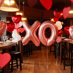 Fototapeta premium Balloons and Decorations for a Celebration in a Cozy Dining Area With Heart Shapes and Festive Atmosphere