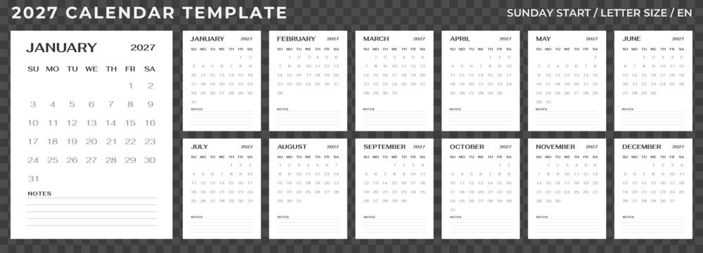 2027 monthly calendar template, Sunday start, set of 12 minimalist black planner pages with notes