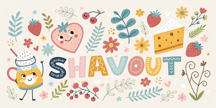 Happy Shavuot greeting card with cheese milk bread and hen floral cute composition