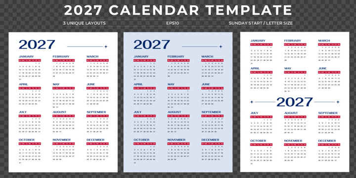 Classic 2027 yearly calendar template, Sunday start, set of 3 business vertical wall planners