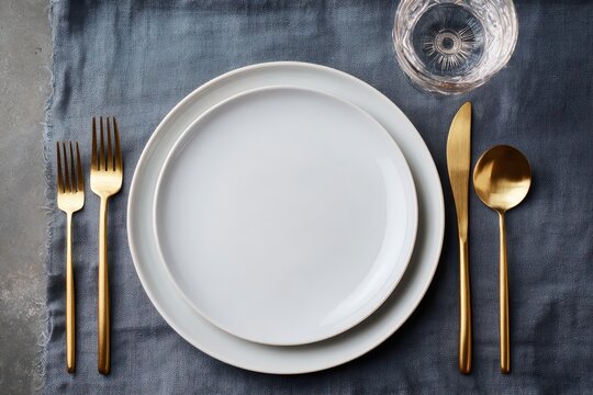 Elegant Table Setting with White Plates, Golden Cutlery, and Water Glass on Blue Linen