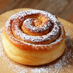 Fototapeta premium Freshly Baked Cinnamon Roll on Wooden Board With Powdered Sugar