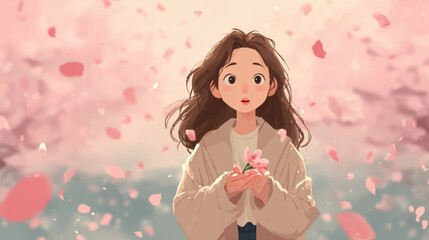 Fototapeta premium Spring season, garden, flower, fresh, life. A young girl in a white shirt and blue skirt holding a pink flower against a backdrop of pink cherry blossoms. The image is animated.