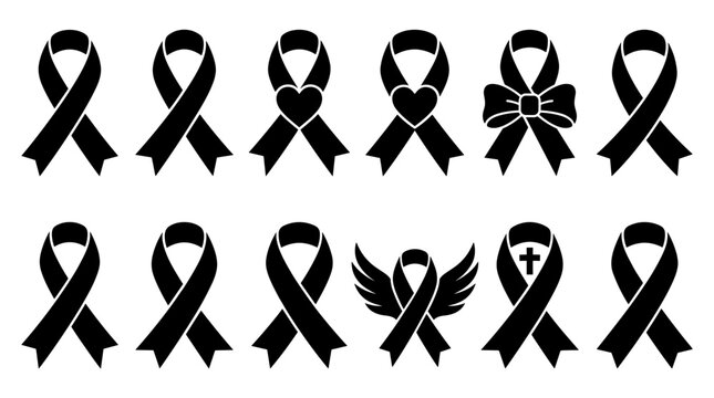 Collection of black vector mourning ribbons, symbols of remembrance, solidarity and respect, funeral.