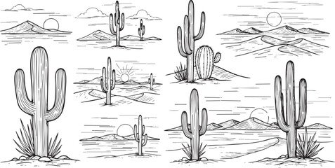 Desert landscape and saguaro cactus collection, hand-drawn vector sketches  © Sadiadesigner