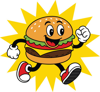 Retro cartoon burger character running, vintage fast food mascot vector, happy cheeseburger delivery icon
