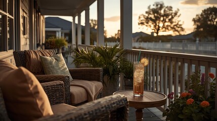 Fototapeta premium A comfortable porch with cozy furniture and a refreshing drink on the table