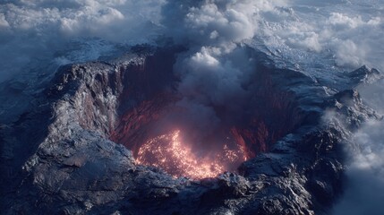 Fototapeta premium An aerial view of a volcanic eruption, with a large crater in the middle of a mountain surrounded by smoke and lava. The resolution of the image is 1920x1200.
