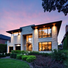 Naklejka premium Modern House Design With Large Windows at Twilight Near the Green Lawn in a Residential Area
