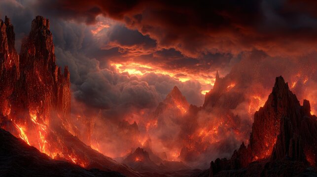 A breathtaking digital artwork of a volcanic landscape at sunset, with fiery reds, oranges, and yellows contrasting against the dark, stormy sky. The mountains are engulfed in flames.