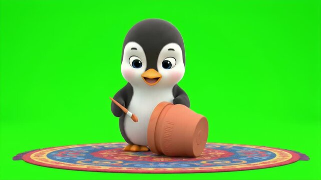 Adorable 3D Animated Penguin Character Holding a Small Gardening Trowel Stands Beside an Overturned Terra Cotta Plant Pot on a
