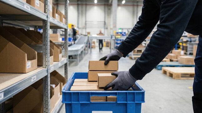 Worker hands packing small brown cardboard boxes into a blue plastic tote bin in a warehouse