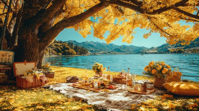 Spring Summer outdoor leisure relaxation activity. A vivid portrayal of a serene lakeside scene during autumn. A large tree with goldenyellow leaves dominates the foreground.