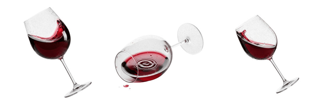 Set and collection of red wine glass spilled or tilted isolated on white transparent png background