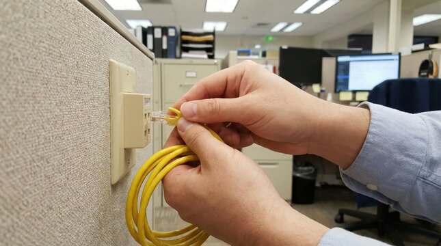 IT technician hands plugging a yellow ethernet network cable into a wall socket
