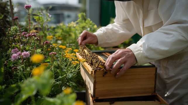 Close-up of beekeeper hands carefully remove a wooden frame covered with bees from a beehive box surrounded by vibrant flowers and lush greenery