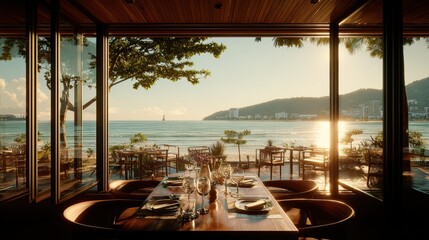 Fototapeta premium Spring Summer outdoor leisure relaxation activity. A vivid, highresolution photograph of a luxurious dining room with a panoramic view of a serene coastal landscape at sunset.