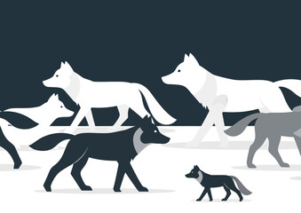 Wolf pack walking in snow, flat design, arctic animals, winter scene © edna
