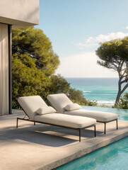 Fototapeta premium Two modern sun loungers on a luxury terrace by the infinity pool with a stunning ocean view. Elegant outdoor furniture design for a Mediterranean resort or premium villa at sunset