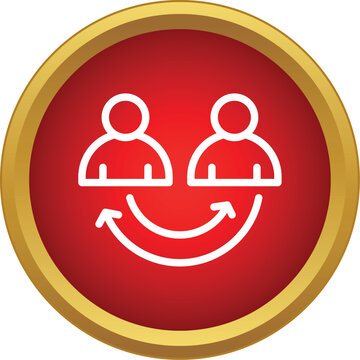 Two outline avatars exchanging with arrows in a red gold framed button