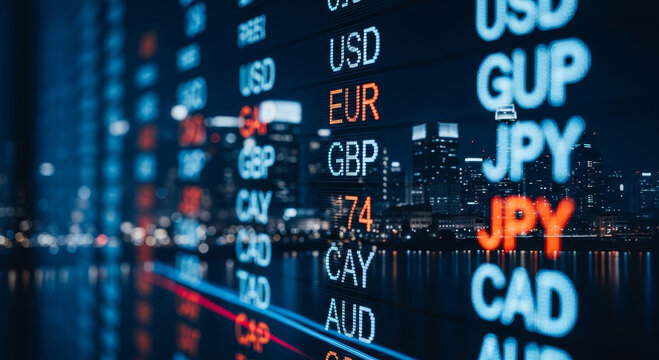 A city skyline illuminated at night, displaying a digital currency exchange board showing various currency rates, including USD, EUR, and JPY.